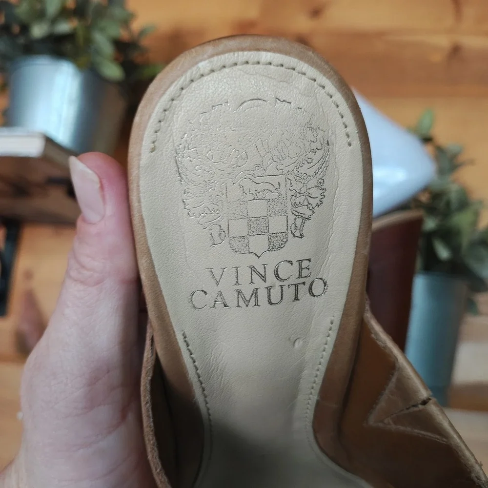 Vince Camuto Elora Studded Brown Leather Wood Platform Cross Strap Sandals Sz 8M - Picture 11 of 12